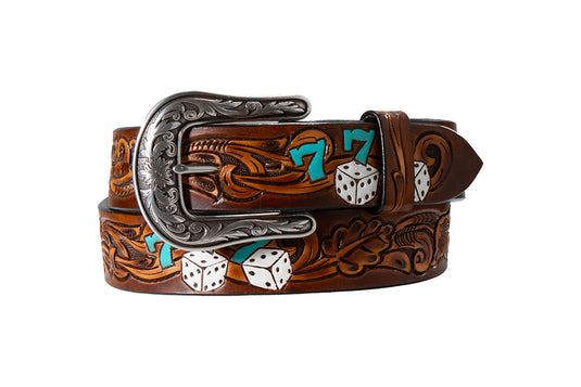 Angel Ranch 1-1/2" Hand Tooled & Painted Aces, Dice, 777 Floral Belt - Brown