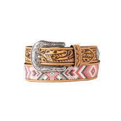 Angel Ranch 1-1/2" Beaded Inlay Embossed Tabs Belt - Tan/Pink