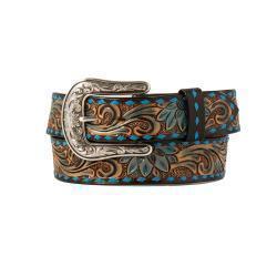 Angel Ranch 1-1/2" Hand Tooled Floral Pattern Diamond Lace - Brown/Blue