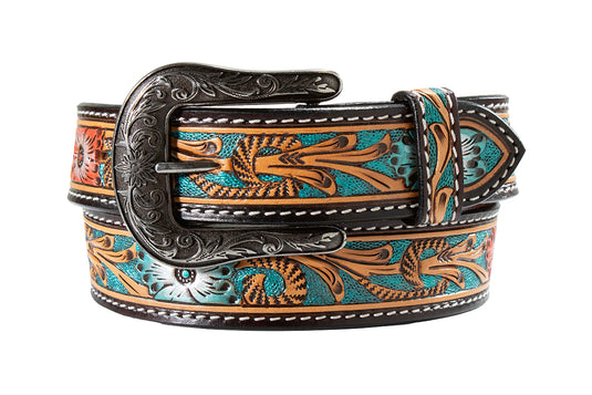 Angel Ranch 1-1/2" Hand Tooled Metallic Flowers Belt - Multicolor
