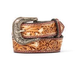 Ariat 1-1/4" Boys Floral Hand Tooled Belt - Tan