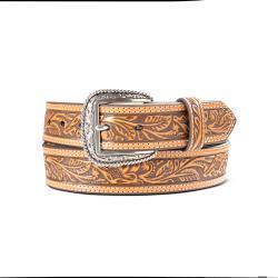 Ariat 1-1/2" Double Stitched Floral Embossed Belt - Tan
