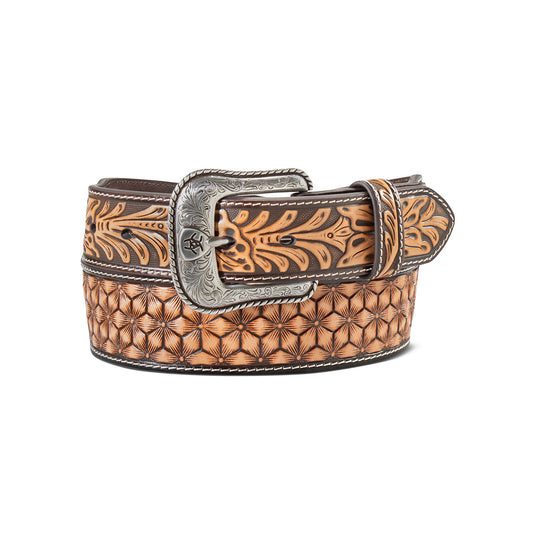 Ariat 1-3/4" -  1-1/2" Embossed Floral & Diamond Honeycomb Belt - Brown