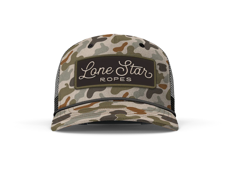 Load image into Gallery viewer, Lone Star Ropes Script Trucker Ball Cap - Old School Camo

