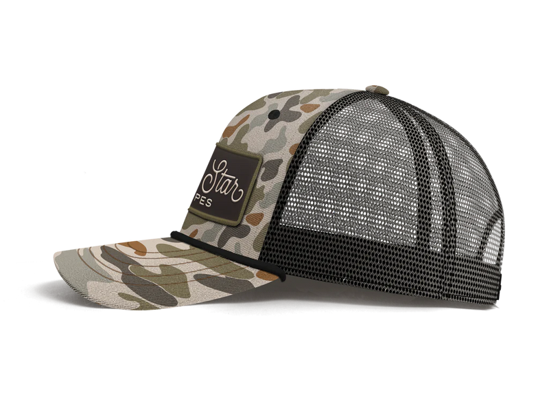 Load image into Gallery viewer, Lone Star Ropes Script Trucker Ball Cap - Old School Camo
