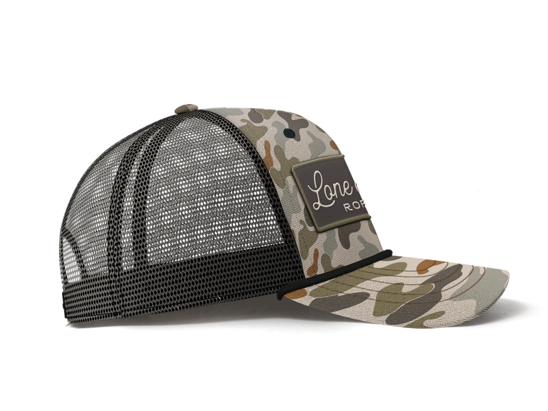 Load image into Gallery viewer, Lone Star Ropes Script Trucker Ball Cap - Old School Camo
