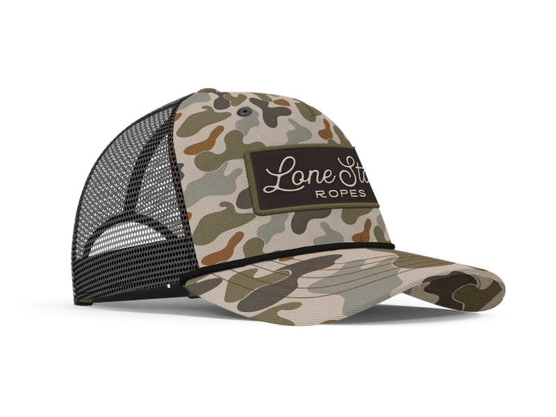 Load image into Gallery viewer, Lone Star Ropes Script Trucker Ball Cap - Old School Camo
