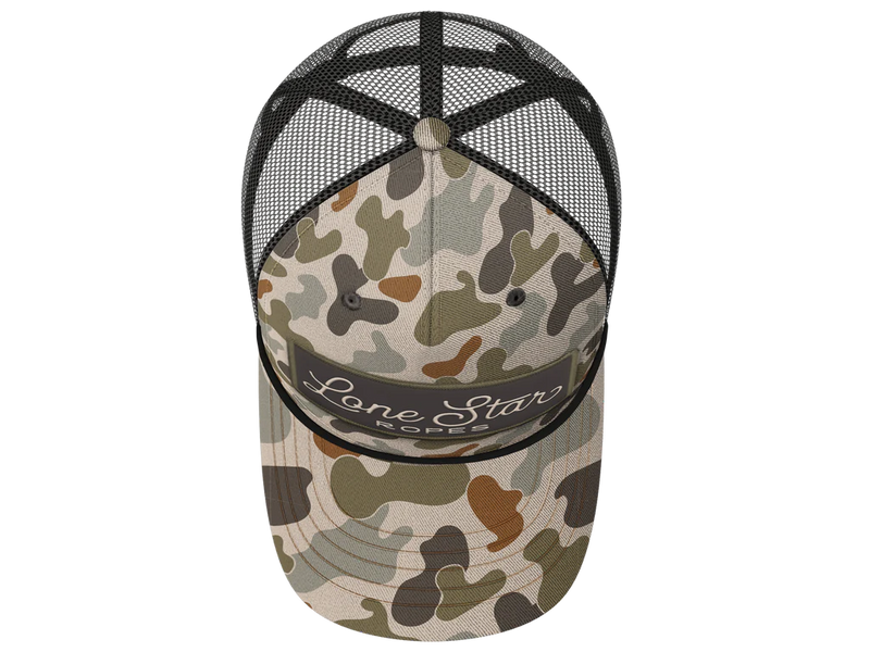 Load image into Gallery viewer, Lone Star Ropes Script Trucker Ball Cap - Old School Camo

