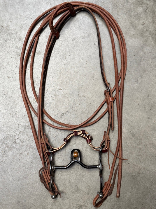 Used One Ear Headstall, Balding Short Santa Barbara Verona w/ Roller Bit, Split Reins