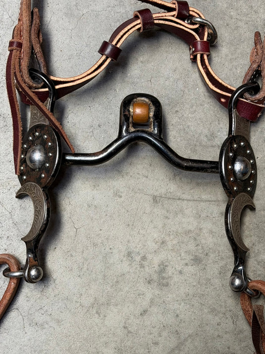 Used One Ear Headstall, Balding Short Santa Barbara Verona w/ Roller Bit, Split Reins