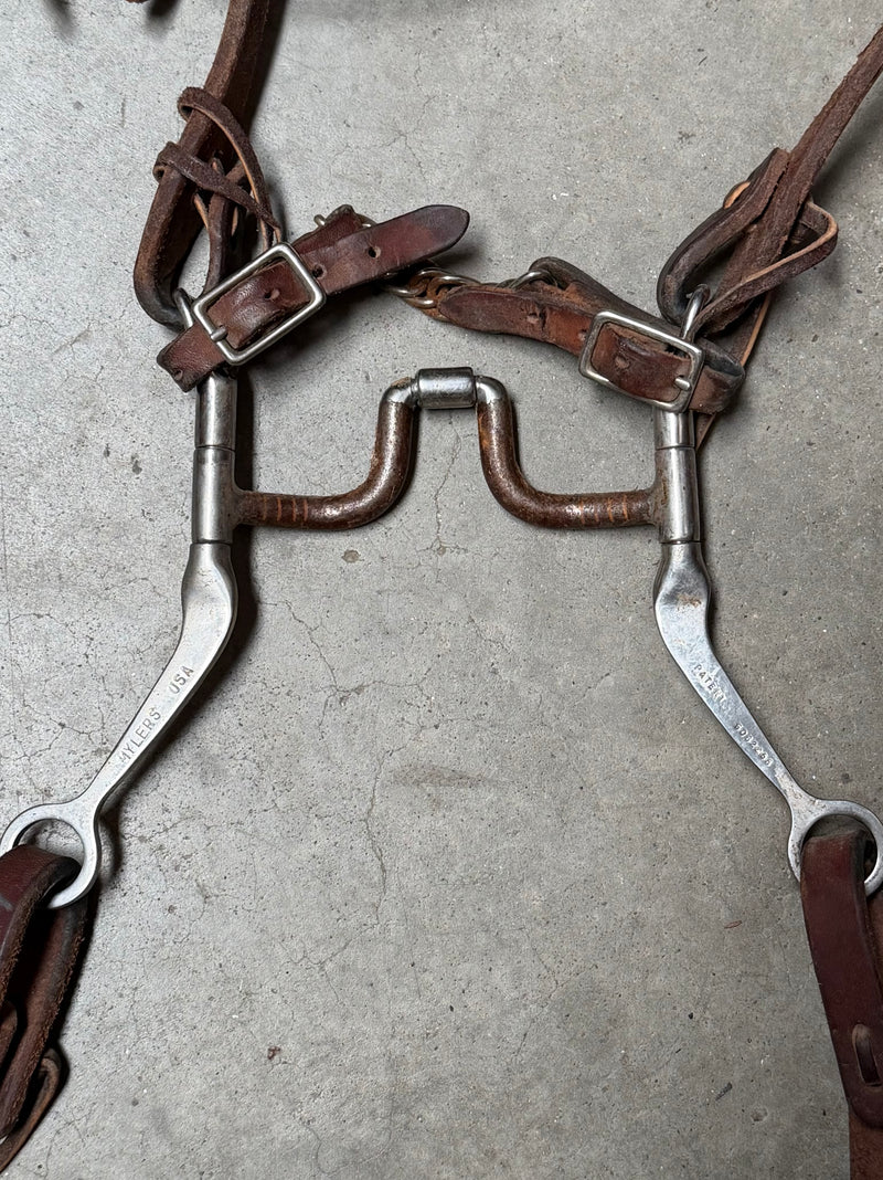 Load image into Gallery viewer, Used Bridle Set - Futurity Browband, USA Mylers Medium Wide Ported Barrel Bit, Split Reins
