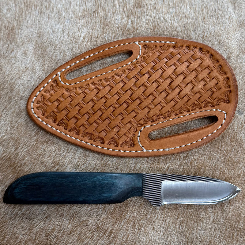 Load image into Gallery viewer, Sacred Heart Teal Wood Handle Knife &amp; Basketweave Sheath - Right Draw
