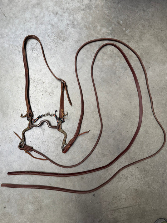Used Slit Ear Headstall, W.J. Swerczek Bit, Cowperson Tack Weighted End Split Reins