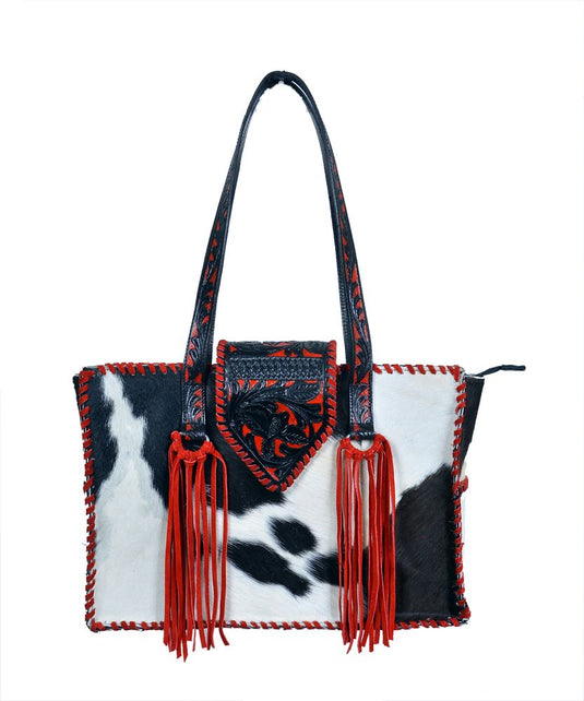 Rafter T Cowhide & Leather Tote Bag Purse with Red Whipstitch & Fringe - Black/White/Red