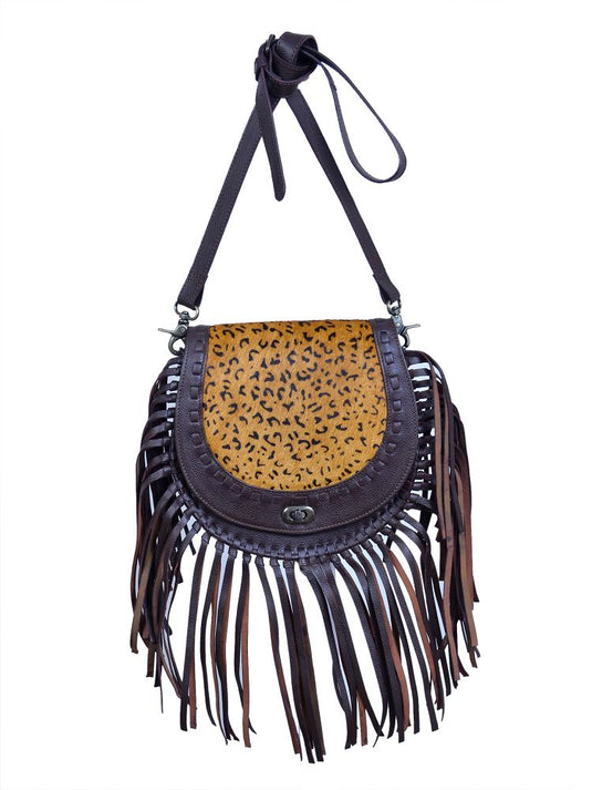 Rafter T Hair-On Leopard Print Horseshoe Purse with Fringe