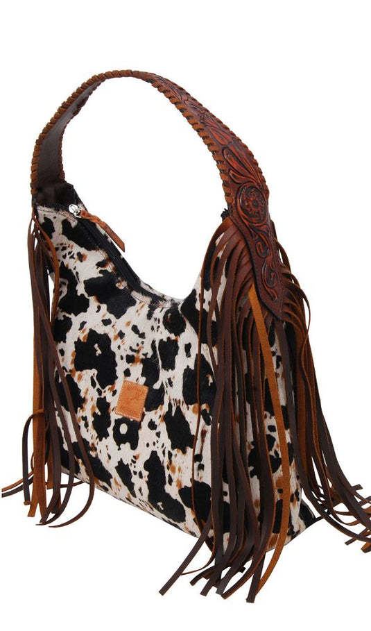 Rafter T Peppered Cowhide Handbag Purse with Fringe - Black/White/Brown