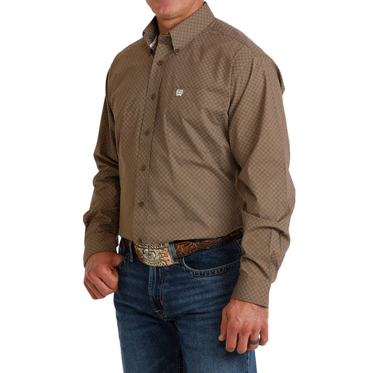 Cinch Mens Stretch Long Sleeve Geometric Print Shirt - Brown