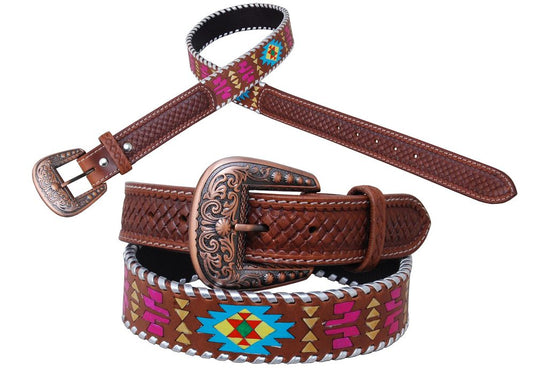 Rafter T 1-1/2" Painted Aztec with Silver Whipstitch Belt