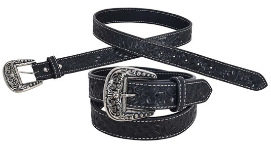 Rafter T 1-1/2" Sunflower Tooled Black Leather Belt