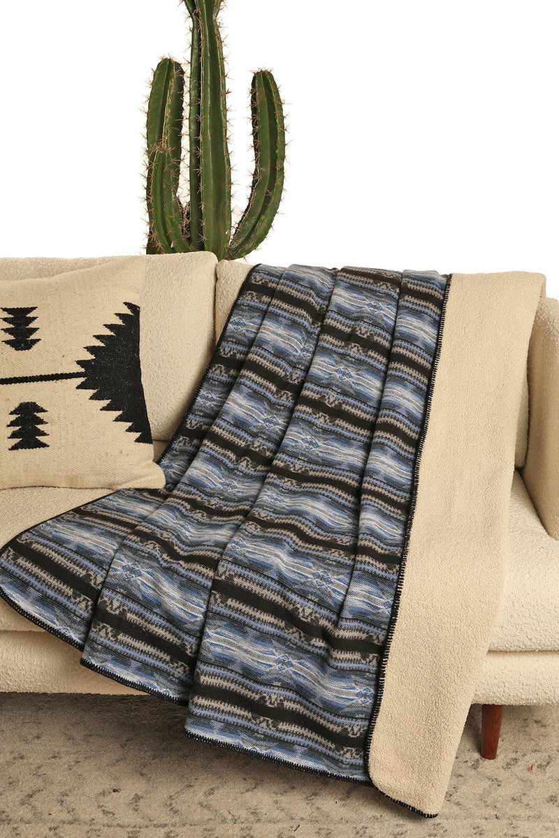 Load image into Gallery viewer, Rock &amp; Roll Lined Jacquard Aztec Berber Blanket - Blue - 52"x70"
