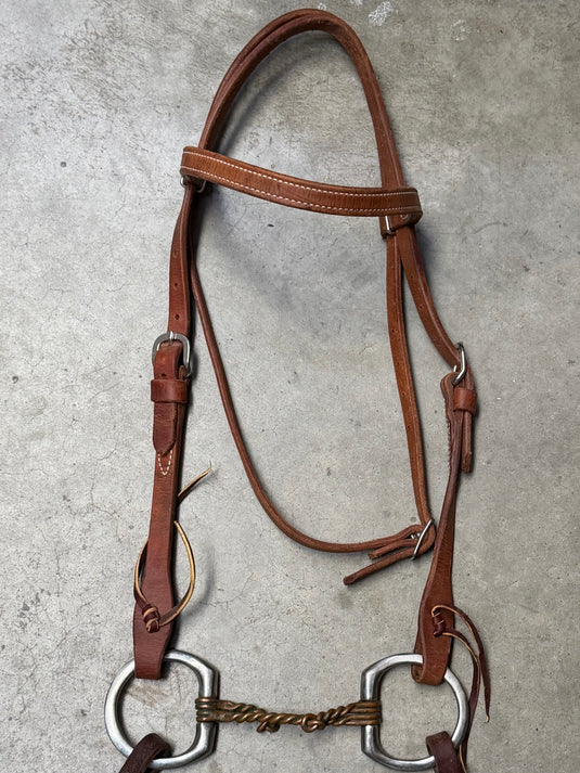 Used Bridle Set - Herschberger Browband, D-Ring Double Twisted Copper Wire Snaffle Bit, Split Reins