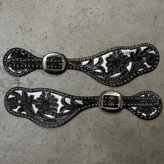 Used (New) Floral w/ Silver Underlay Spur Straps - Black