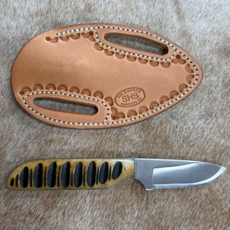 Load image into Gallery viewer, Sacred Heart Bone Handle Knife &amp; Border Sheath - Left Draw
