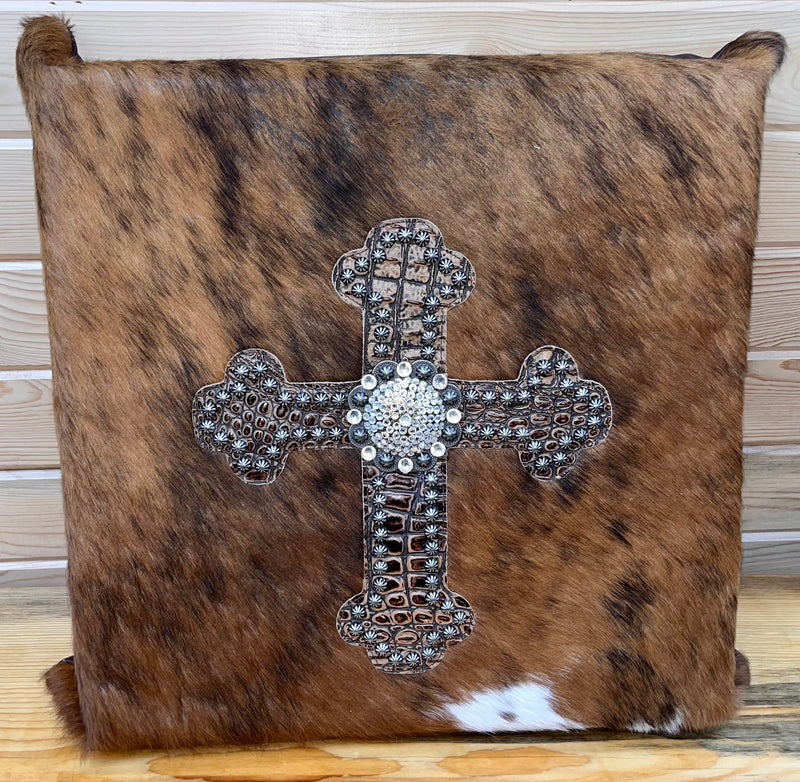 Load image into Gallery viewer, Cowhide &amp; Cross Pillow - Brown
