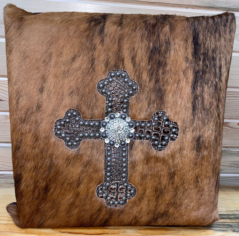 Load image into Gallery viewer, Cowhide &amp; Cross Pillow - Brown
