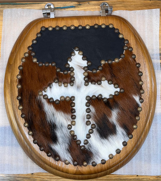 Wooden Toilet Seat/Lid/Hardware - Cowhide Cross