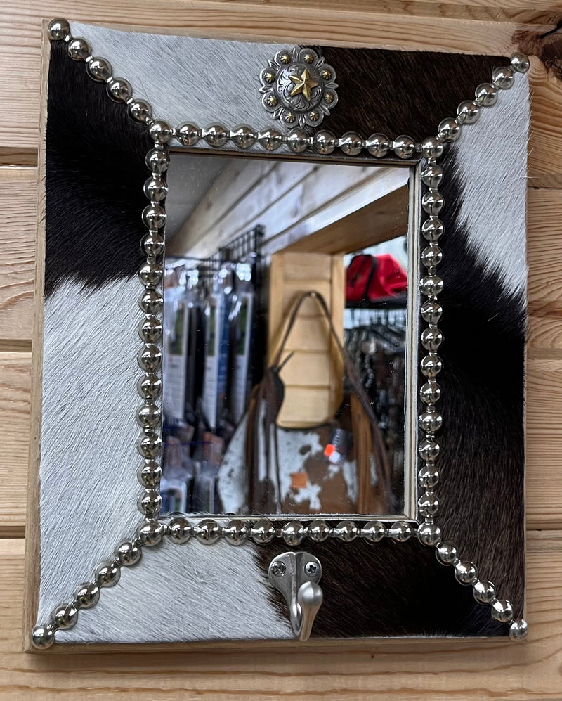 Load image into Gallery viewer, Cowhide Framed Mirror &amp; Jewelry Hook
