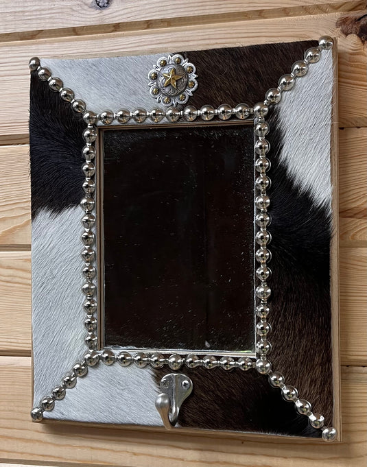 Cowhide Framed Mirror & Jewelry Hook