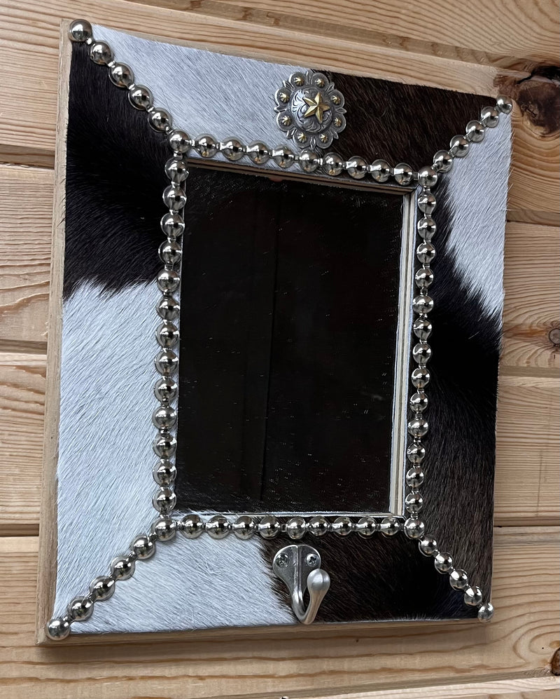 Load image into Gallery viewer, Cowhide Framed Mirror &amp; Jewelry Hook
