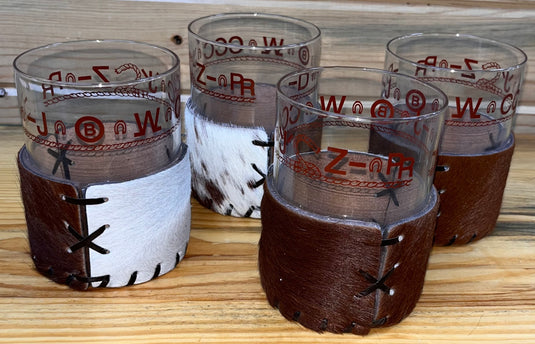 Libby Bamco Branded Ranch Bar Glassware & Laced Cowhide Sleeves - Set of 4