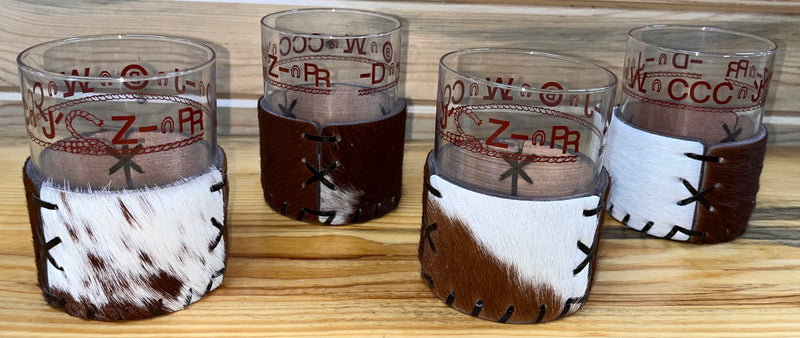 Load image into Gallery viewer, Libby Bamco Branded Ranch Bar Glassware &amp; Laced Cowhide Sleeves - Set of 4
