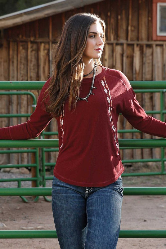 Cruel Womens Long Sleeve Knit Print Shirt - Burgundy