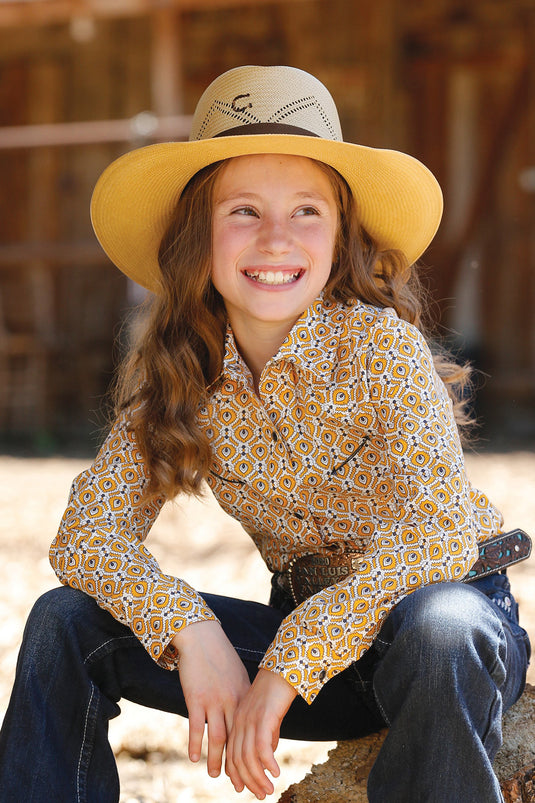 Cruel Girls Long Sleeve Geometric Print Snap Shirt - Yellow