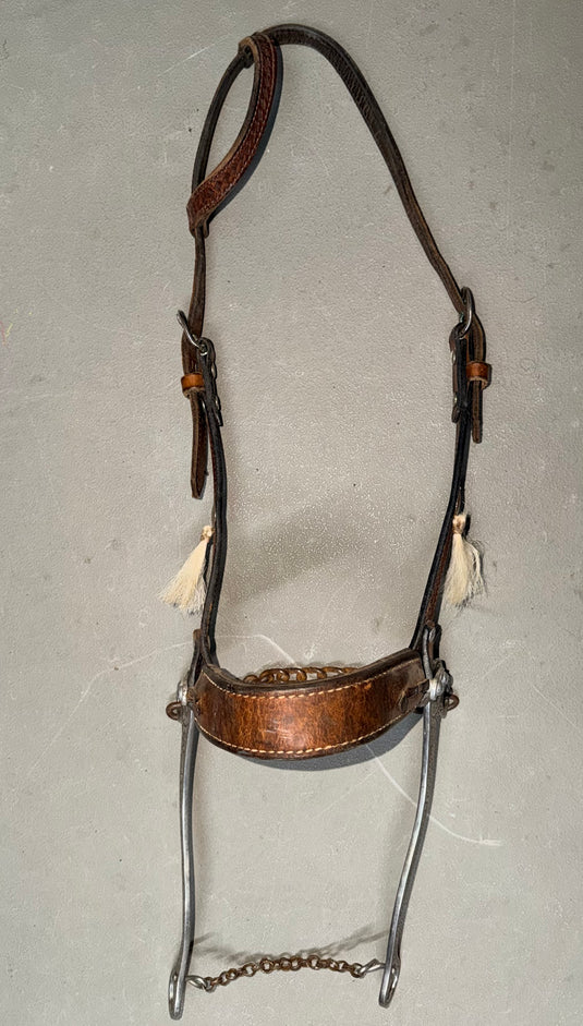 Used One Ear Headstall & Engraved Sliester Leather Nose Hackamore
