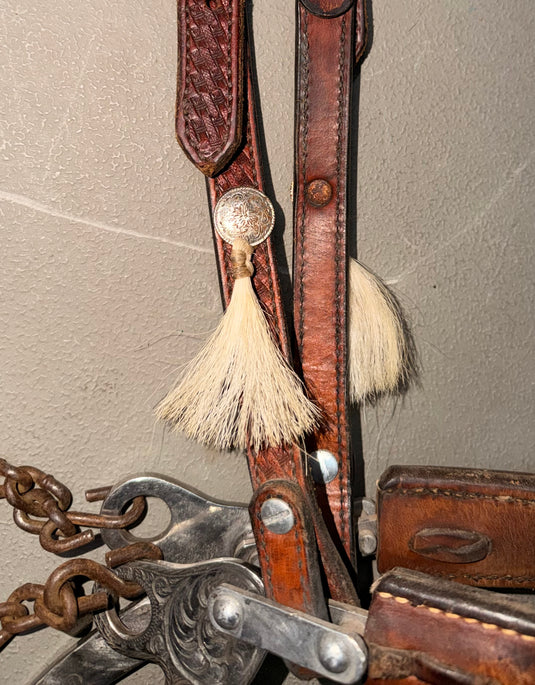 Used One Ear Headstall & Engraved Sliester Leather Nose Hackamore