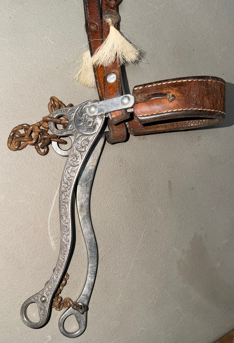 Load image into Gallery viewer, Used One Ear Headstall &amp; Engraved Sliester Leather Nose Hackamore
