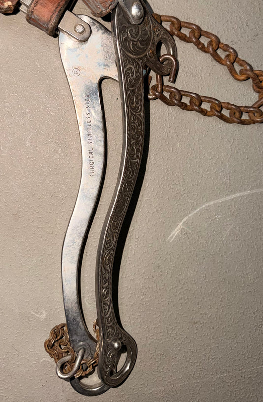 Used One Ear Headstall & Engraved Sliester Leather Nose Hackamore