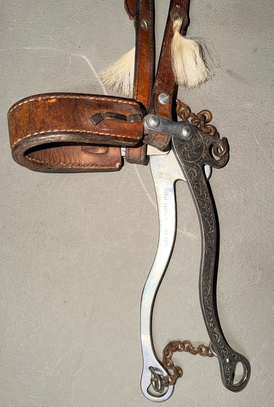 Used One Ear Headstall & Engraved Sliester Leather Nose Hackamore