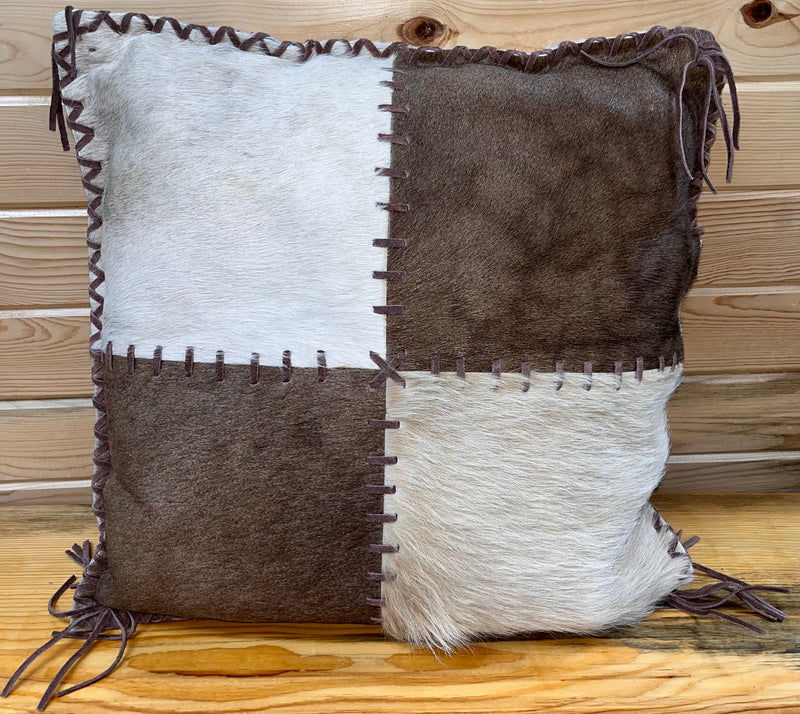 Load image into Gallery viewer, Laced Cowhide Pillow with Fringe - Tan Brown

