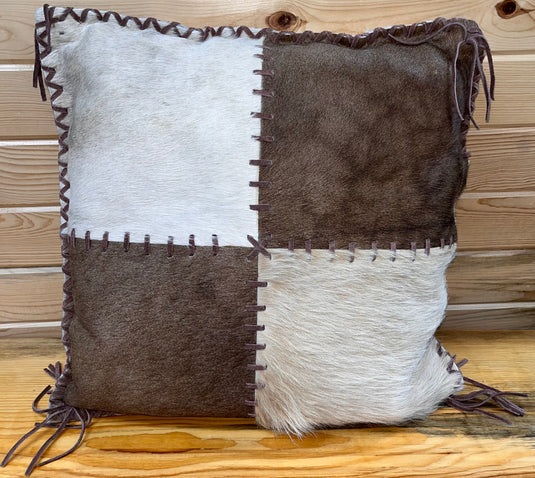 Laced Cowhide Pillow with Fringe - Tan Brown