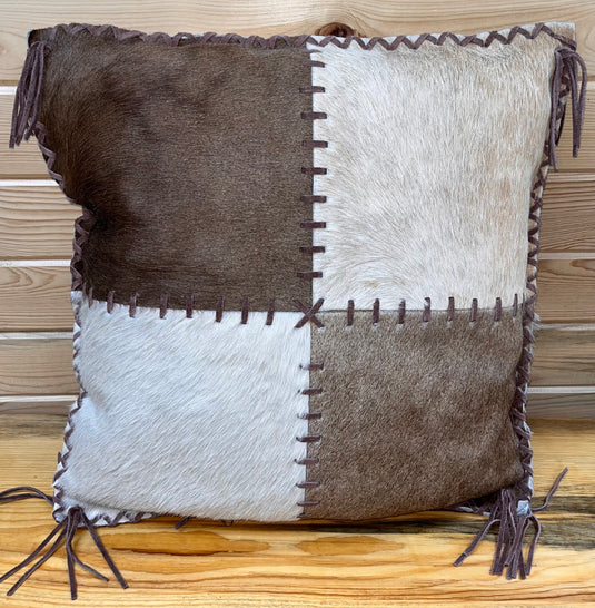 Laced Cowhide Pillow with Fringe - Tan Brown