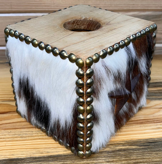 Cowhide Tissue Box Cover - Stars & Dots - Black/White/Brown