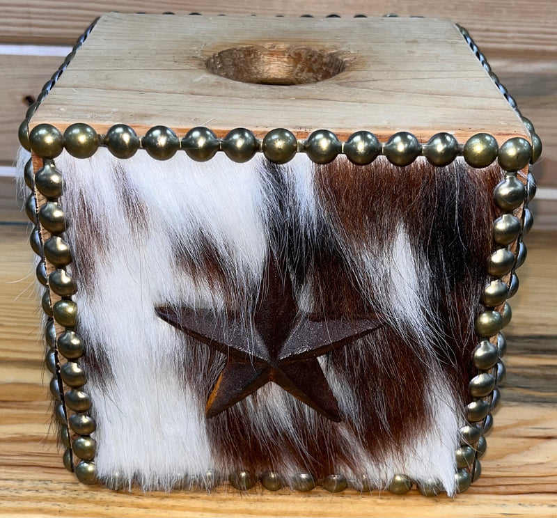 Load image into Gallery viewer, Cowhide Tissue Box Cover - Stars &amp; Dots - Black/White/Brown
