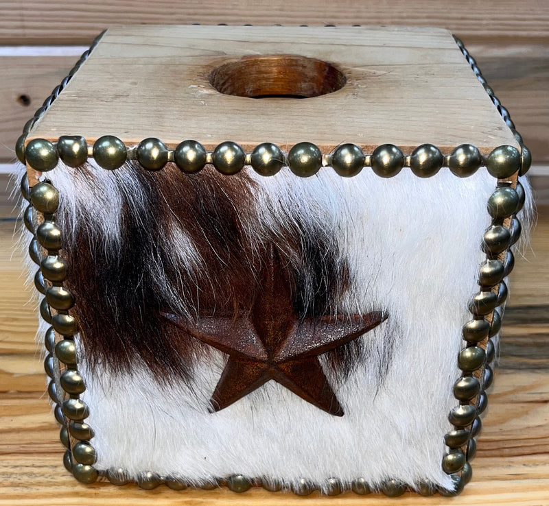 Load image into Gallery viewer, Cowhide Tissue Box Cover - Stars &amp; Dots - Black/White/Brown

