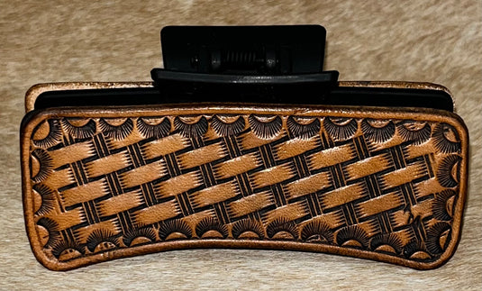 Medium Tooled Leather Claw Hair Clip - Basketweave & Camo Border