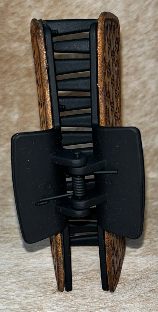 Medium Tooled Leather Claw Hair Clip - Basketweave & Camo Border